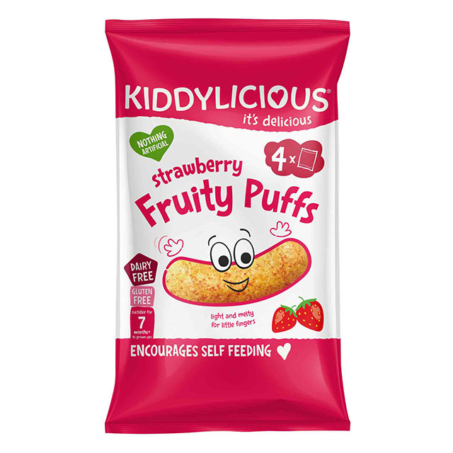 Kiddylicious Strawberry Fruity Puffs Crumb-Free Baby Snack Suitable for 7+ Months 4 x 10 g
