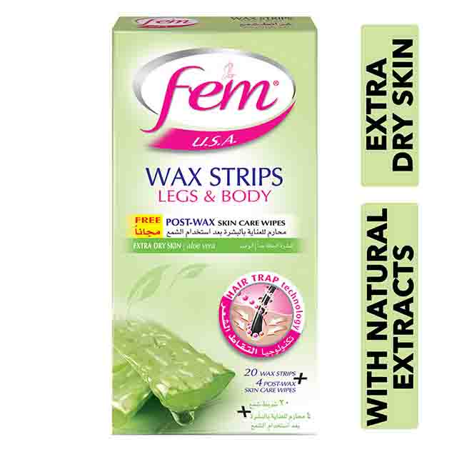 Fem USA Legs & Body Wax Strips Extra Dry Enriched With Aloe Vera 20pcs